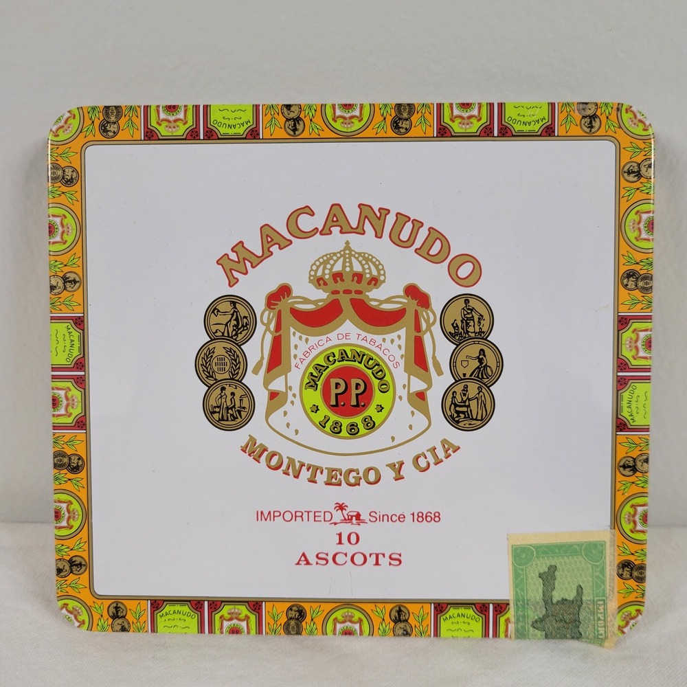 Macanudo Metal Cigar Tin Box Hinged Lid Vintage w/ Dominican Tax Stamp
